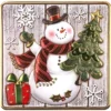 Relief-Sticker, Schneemann auf Holzpaneelen, Holz-& Metallic-Optik, 18cm x 17,5cm