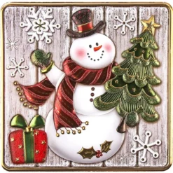 Relief-Sticker, Schneemann auf Holzpaneelen, Holz-& Metallic-Optik, 18cm x 17,5cm