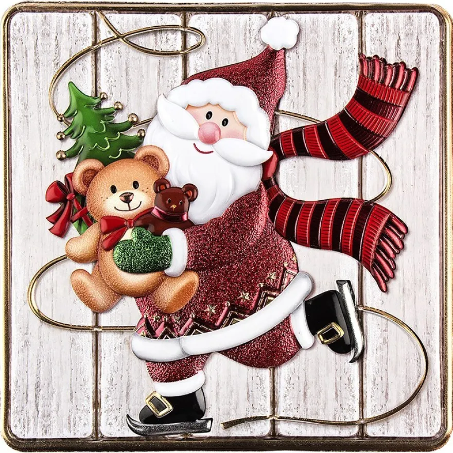 Relief-Sticker, Weihnachtsmann auf Holzpaneelen, Holz-& Metallic-Optik, 18cm x 17,5cm