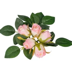 Rosenknospen mit Blättern, 5 Knospen in Creme-pink, 10 Blätterzweige in Grün, 15-teilig
