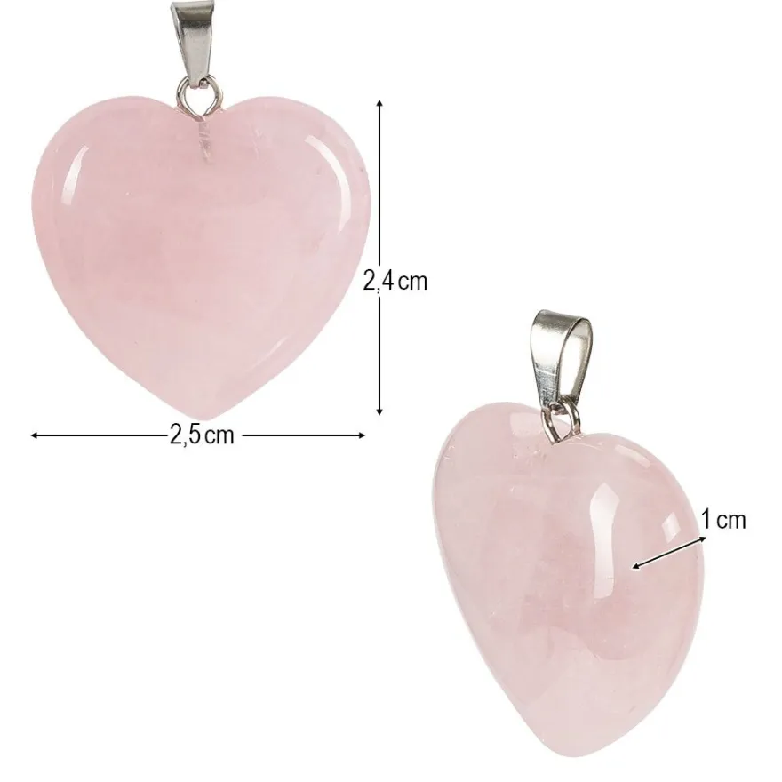 Rosenquarz-Herzanhänger, 2,5cm x 1cm x 2,4cm, mit silberfarbener Öse, 3 Stück