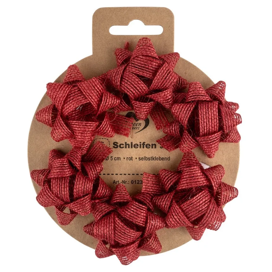 Schleifen Jute, Ø 5cm, rot, selbstklebend, 6 Stück