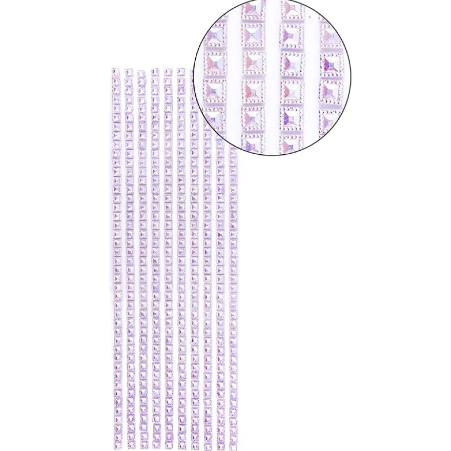 Schmuckstein-Bordüren, selbstklebend, facettiert, irisierend, Quadrate 6 x 6 mm, 29 cm, violett