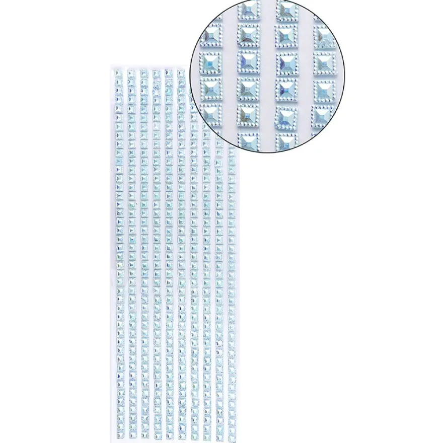 Schmuckstein-Bordüren, selbstklebend, facettiert, irisierend, Quadrate 6 x 6 mm, 29 cm, hellblau