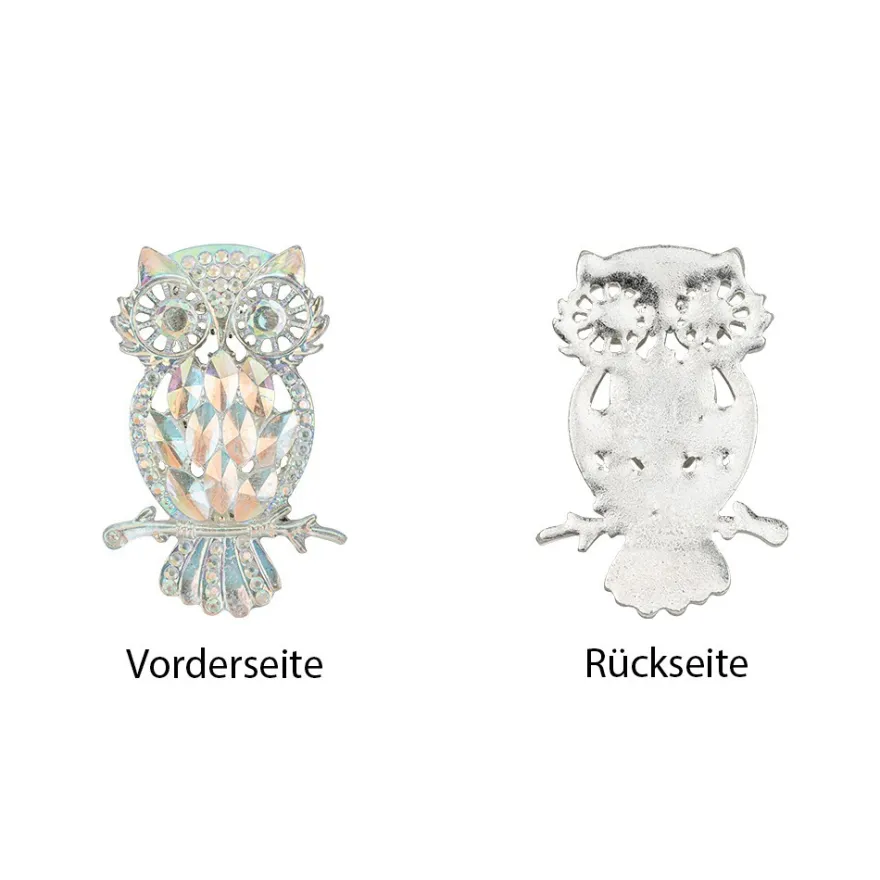 Schmucksteine, Eule, 3,4cm x 4,8cm, klar, irisierend, silberne Rückseite, 7 Stück