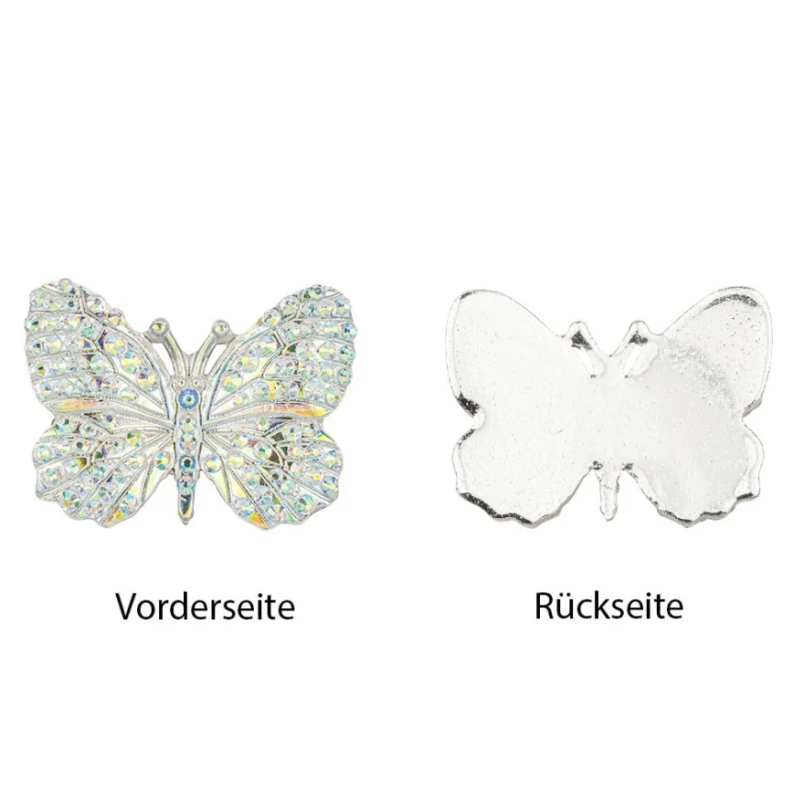 Schmucksteine, Schmetterling 1, 2,4cm x 3,2cm, klar, irisierend, silberne Rückseite, 15 Stück