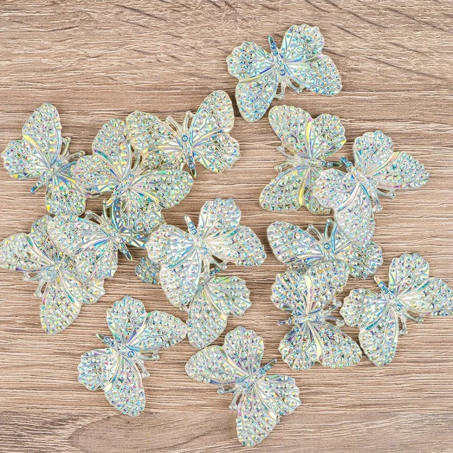 Schmucksteine, Schmetterling 1, 2,4cm x 3,2cm, klar, irisierend, silberne Rückseite, 15 Stück