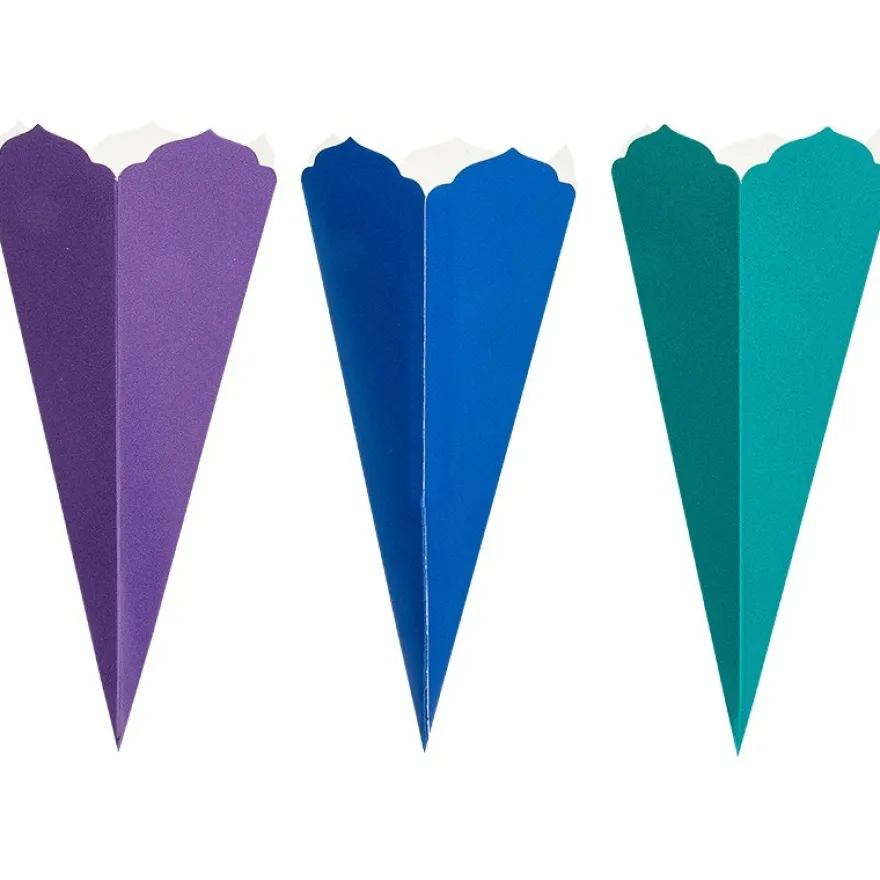 Schultüten, Zierkante, 32cm hoch, Ø 14cm, Deko-Karton, verschiedene Farben, 3 Stück
