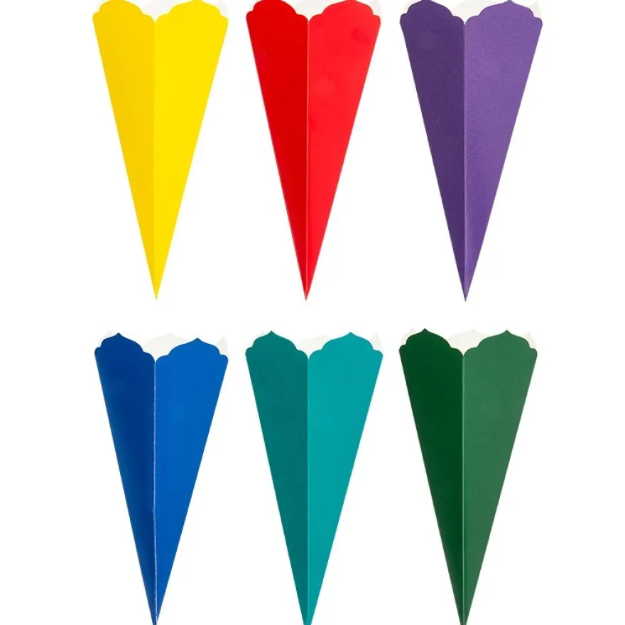 Schultüten, Zierkante, 23cm hoch, Ø 9,5cm, Deko-Karton, verschiedene Farben, 6 Stück
