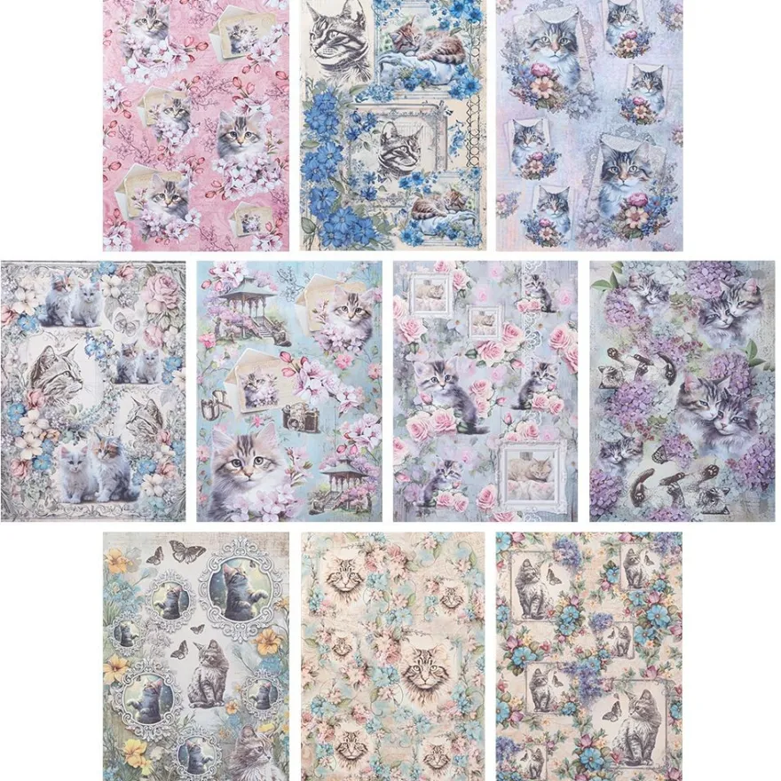 Selbstklebende Stoffe, Katzen, DIN A4, verschiedene Designs, 10 Stück