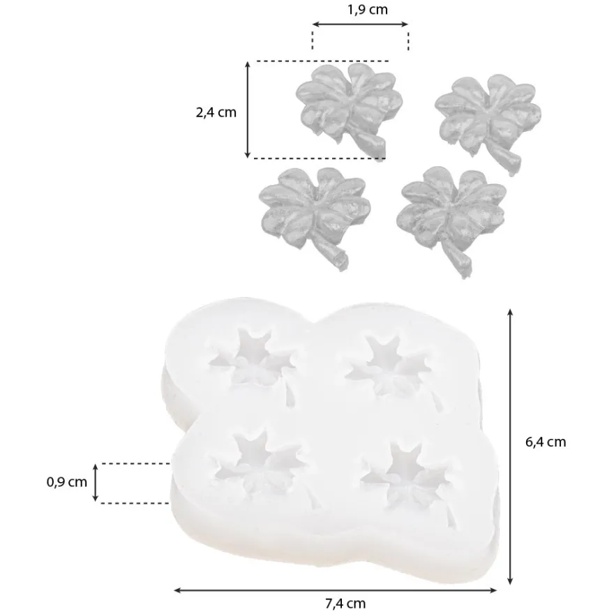 Silikonform Kleeblätter, 7,4cm x 0,9cm x 6,4cm, 4 Kleeblätter