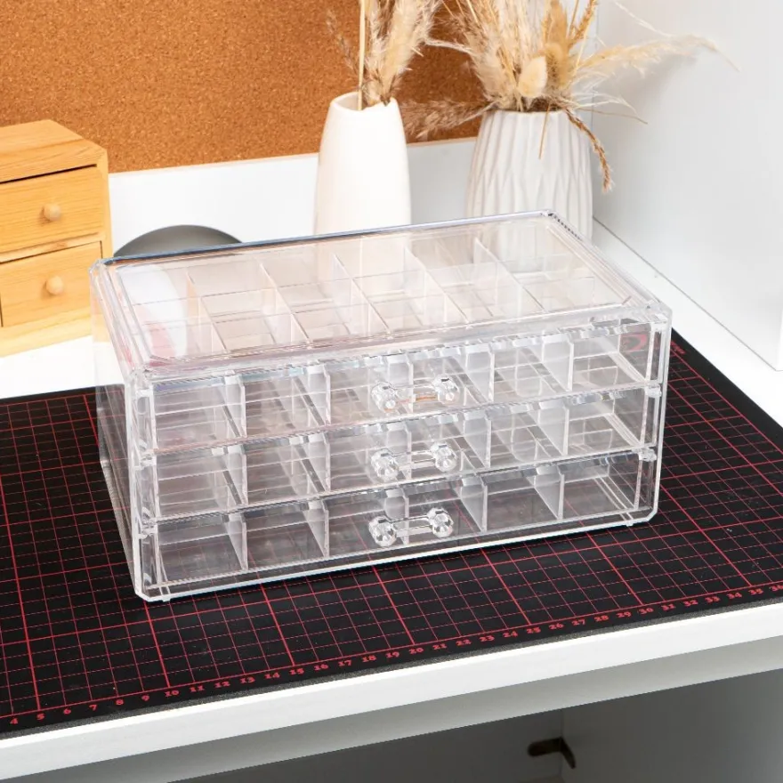 Sortier-/Aufbewahrungsbox mit 3 Schubladen, 72 Fächer, transparent