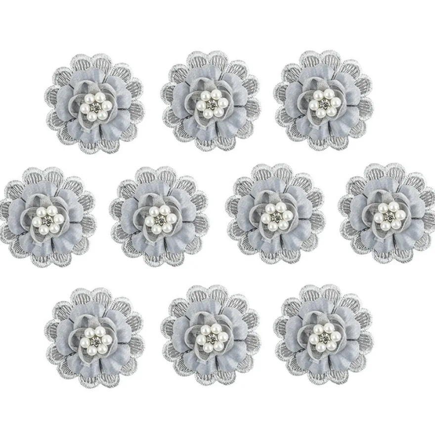 Spitzen-Blüten, mit Perlen, Ø 5cm, silbergrau, 10 Stück