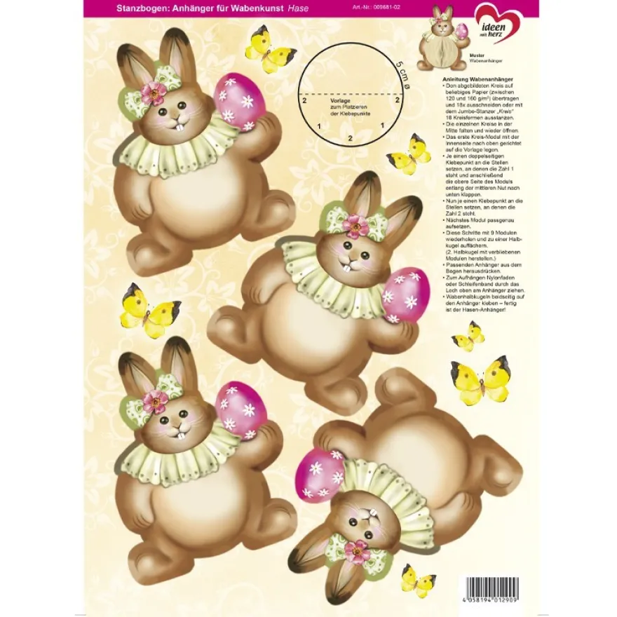 Stanzbogen, Anhänger für Wabenkunst, DIN A4, Hase