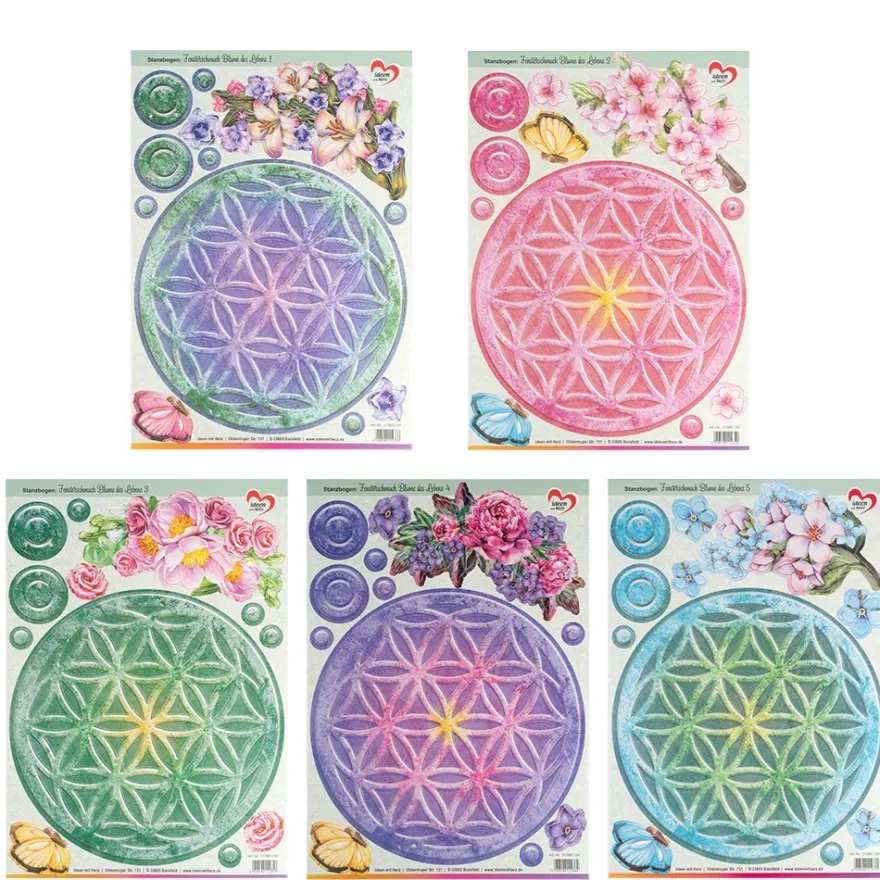 Stanzbogen, Fensterschmuck, Blume des Lebens, DIN A4, 800g/m², 5 Designs, 5 Bogen