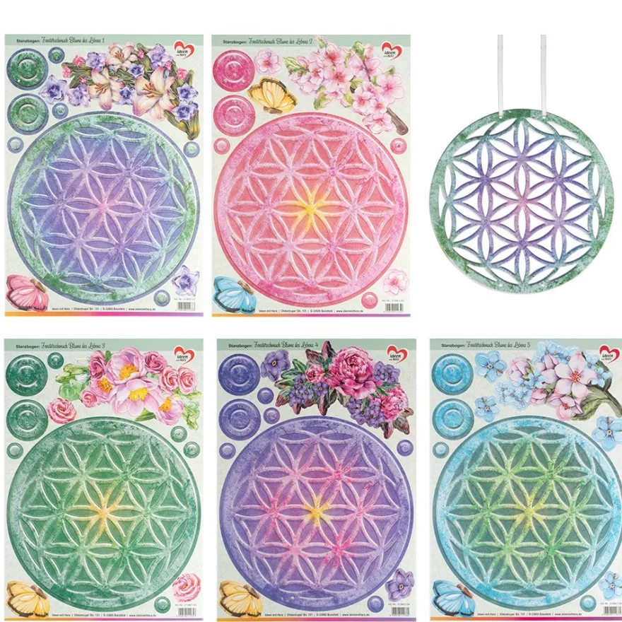 Stanzbogen, Fensterschmuck, Blume des Lebens, DIN A4, 800g/m², 5 Designs, 5 Bogen