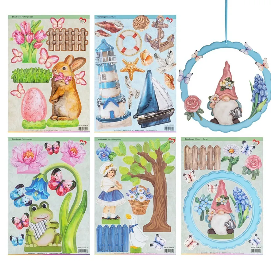 Stanzbogen, Frühjahr & Sommer, DIN A4, 800 g/m², 5 Designs, 5 Bogen