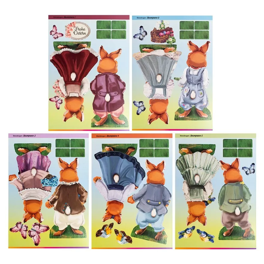 Stanzbogen, Hasenpaare, DIN A4, 800g/m², 5 Farben, 5 Bogen