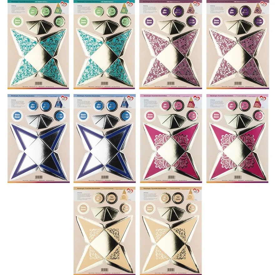 Stanzbogen, Pyramiden-Geschenkboxen, DIN A4, 5 verschiedene Designs, 10 Stück
