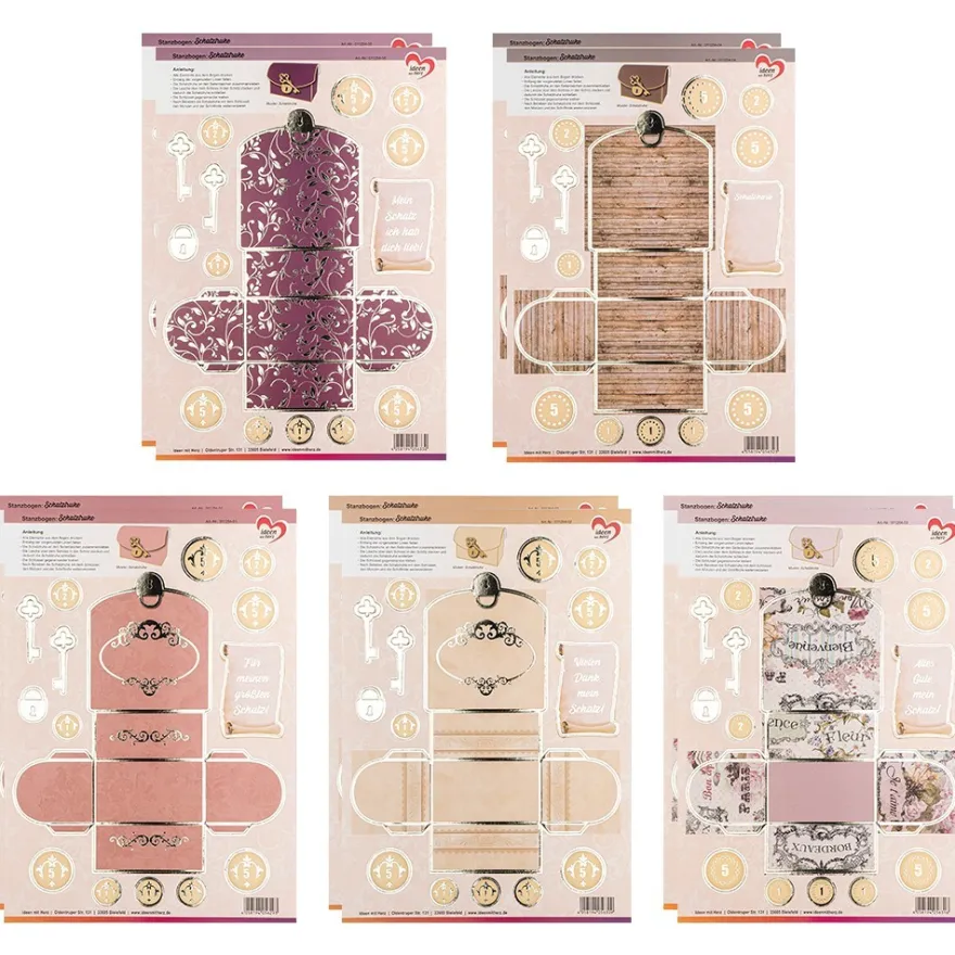 Stanzbogen, Schatztruhen, DIN A4, 5 verschiedene Designs, 10 Stück