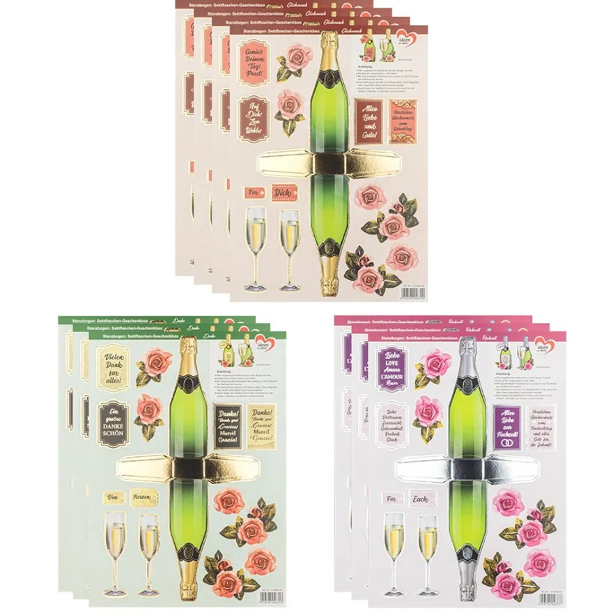 Stanzbogen, Sektflaschen-Geschenkbox, DIN A4, 3 verschiedene Designs, 10 Stück