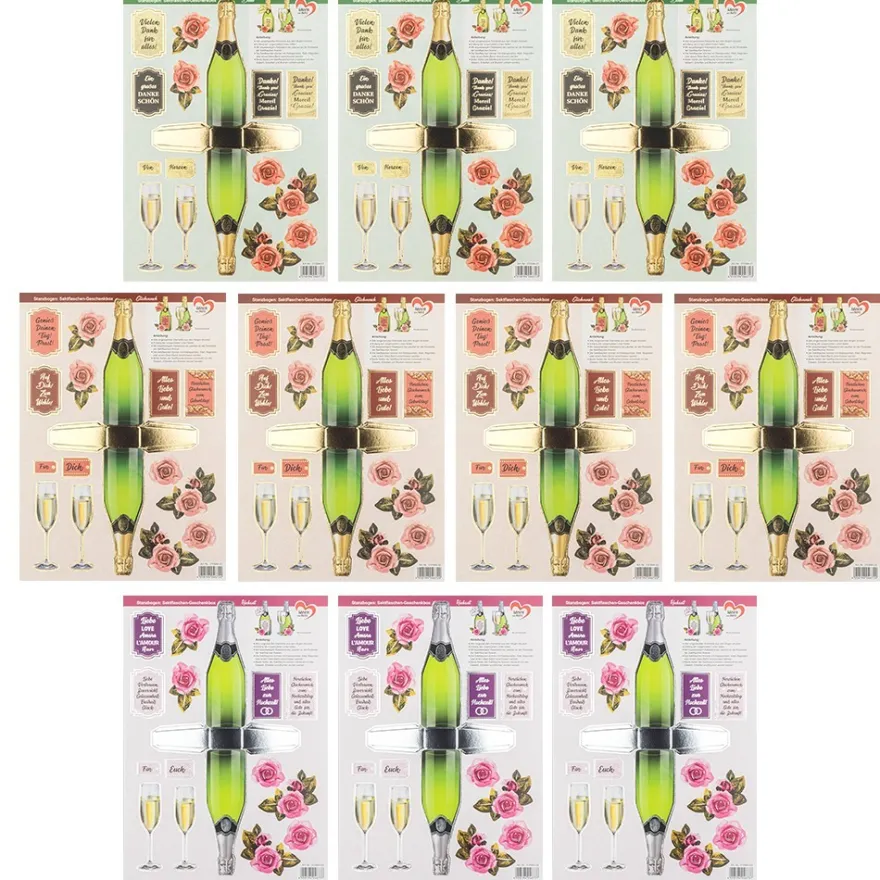 Stanzbogen, Sektflaschen-Geschenkbox, DIN A4, 3 verschiedene Designs, 10 Stück