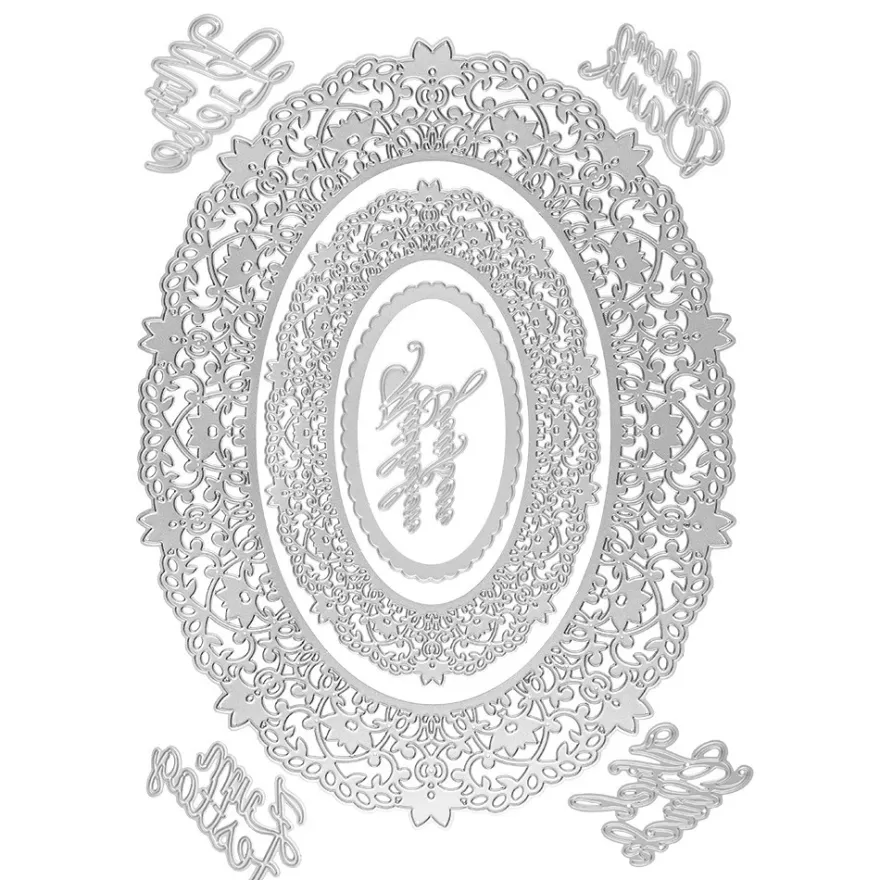 Stanzschablonen, Ovale Zierdeckchen & Schriften, 6cm x 3,8cm bis 26,6cm x 20cm, 8 Stück