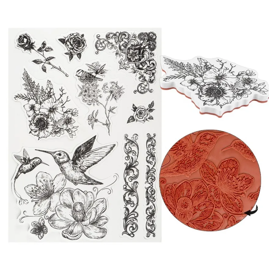 Stempel, Kolibris, Blüten & Bordüren, verschiedene Designs & Größen, 9 Stück