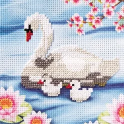 Stickbild-Set, malerischer Hintergrund, 14,5x14,5cm, Schwan