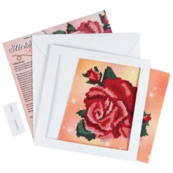 Stickbild-Set, malerischer Hintergrund, 14,5x14,5cm, Rose