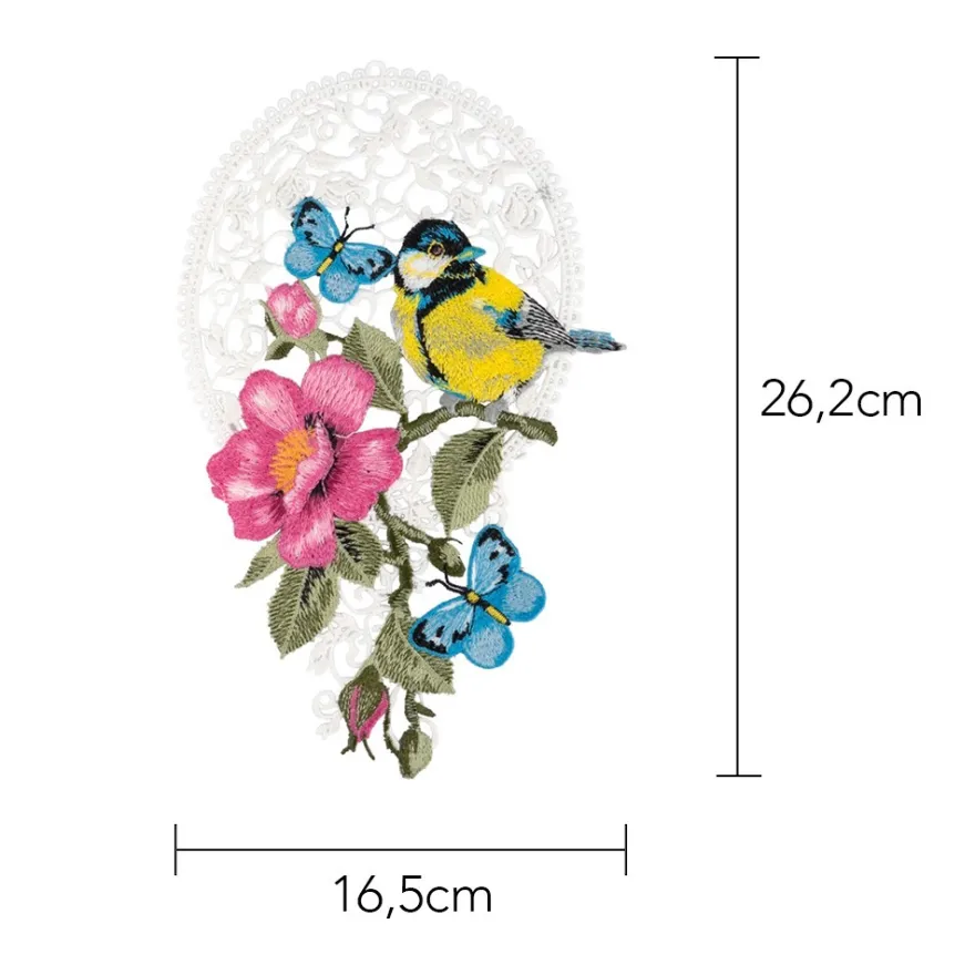 Stick-Design XL, Kohlmeise mit Wildrose, 26,2cm x 16,5cm, farbig, mit Aufhänge-Öse