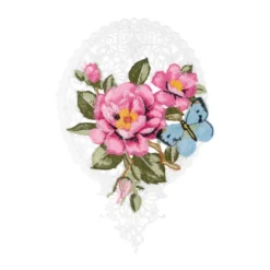 Stick-Design XL, Wildrose mit Schmetterling, 24,5cm x 16,9cm, farbig, mit Aufhänge-Öse