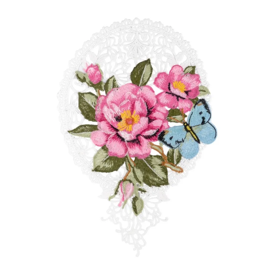 Stick-Design XL, Wildrose mit Schmetterling, 24,5cm x 16,9cm, farbig, mit Aufhänge-Öse