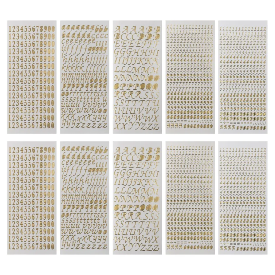 Sticker, Buchstaben und Zahlen, Perlmutt- und Spiegelfolie, versch. Designs, gold, 10 Bogen