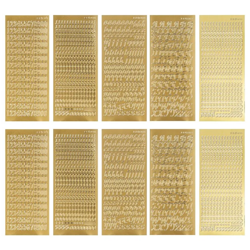 Sticker, Buchstaben und Zahlen, Perlmutt- und Spiegelfolie, versch. Designs, gold, 10 Bogen