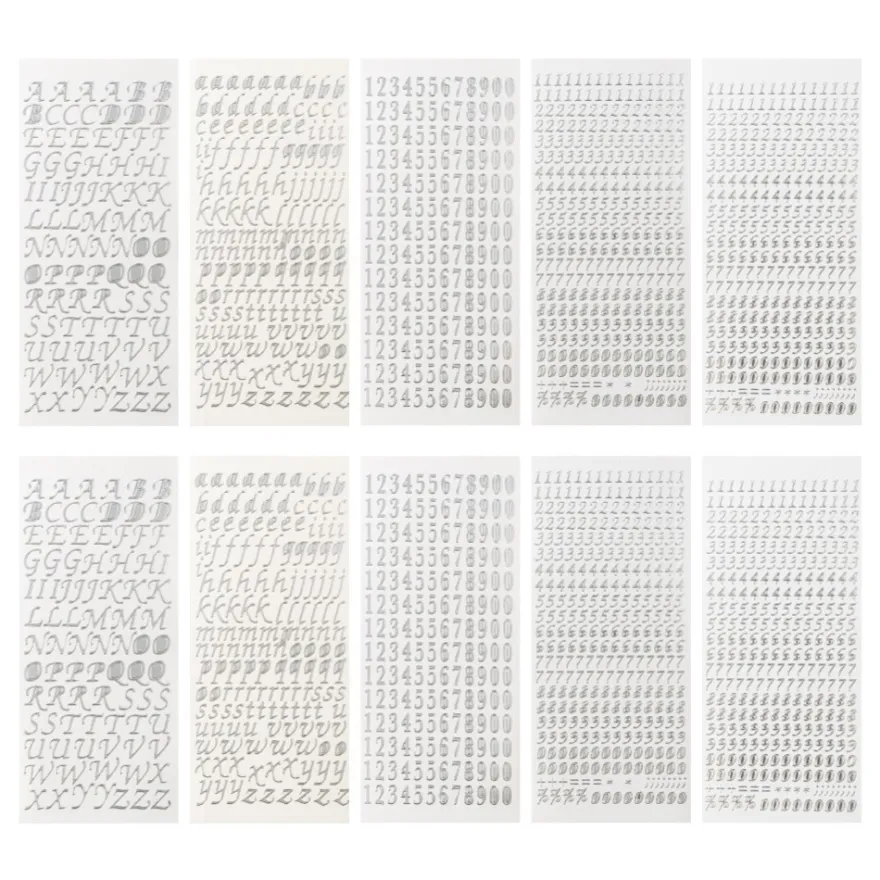 Sticker, Buchstaben und Zahlen, Perlmutt- und Spiegelfolie, versch. Designs, silber, 10 Bogen