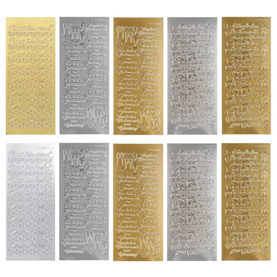 Sticker, Glückwünsche 1, Perlmutt- und Spiegelfolie, gold und silber, 5 Designs, 10 Bogen