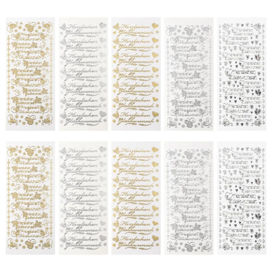 Sticker, Glückwünsche 4, Perlmutt- und spiegelfolie, gold und silber, 5 Designs, 10 Bogen