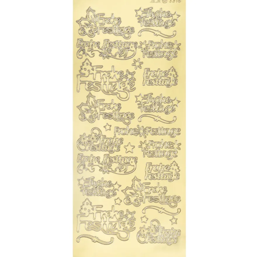 Sticker, Schrift, Frohe Festtage, Sterne, Tannenbäume & Ilex, Spiegelfolie, gold
