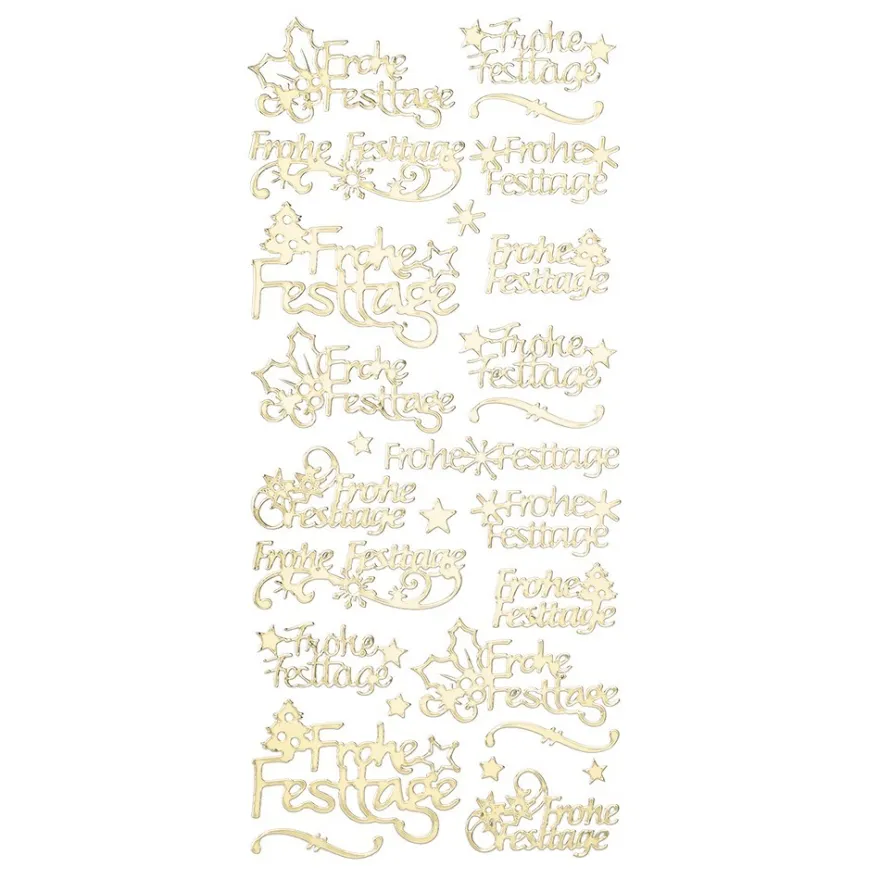 Sticker, Schrift, Frohe Festtage, Sterne, Tannenbäume & Ilex, Spiegelfolie, gold
