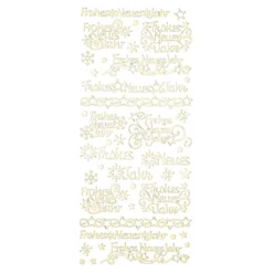 Sticker, Schrift, Frohes neues Jahr, Sterne & Eiskristalle, Spiegelfolie, gold