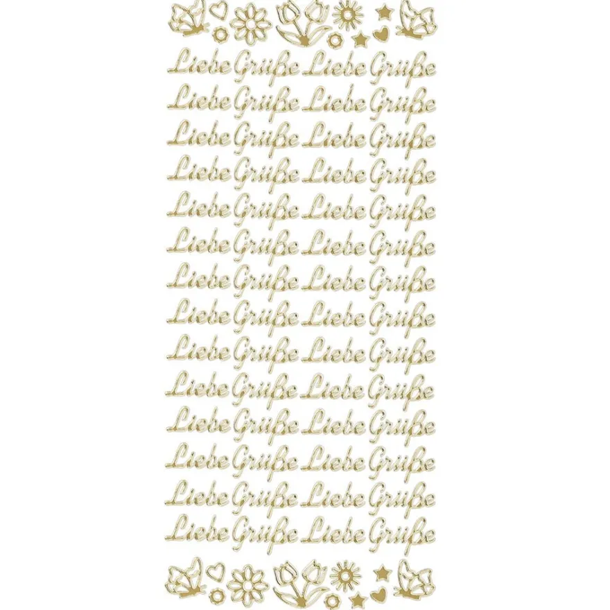 Sticker, Schrift, Liebe Grüße, Perlmuttfolie, gold