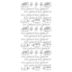 Sticker zur Geburt mit Schnuller, Fläschchen und Babyschuhe mit Schleifen, silber.