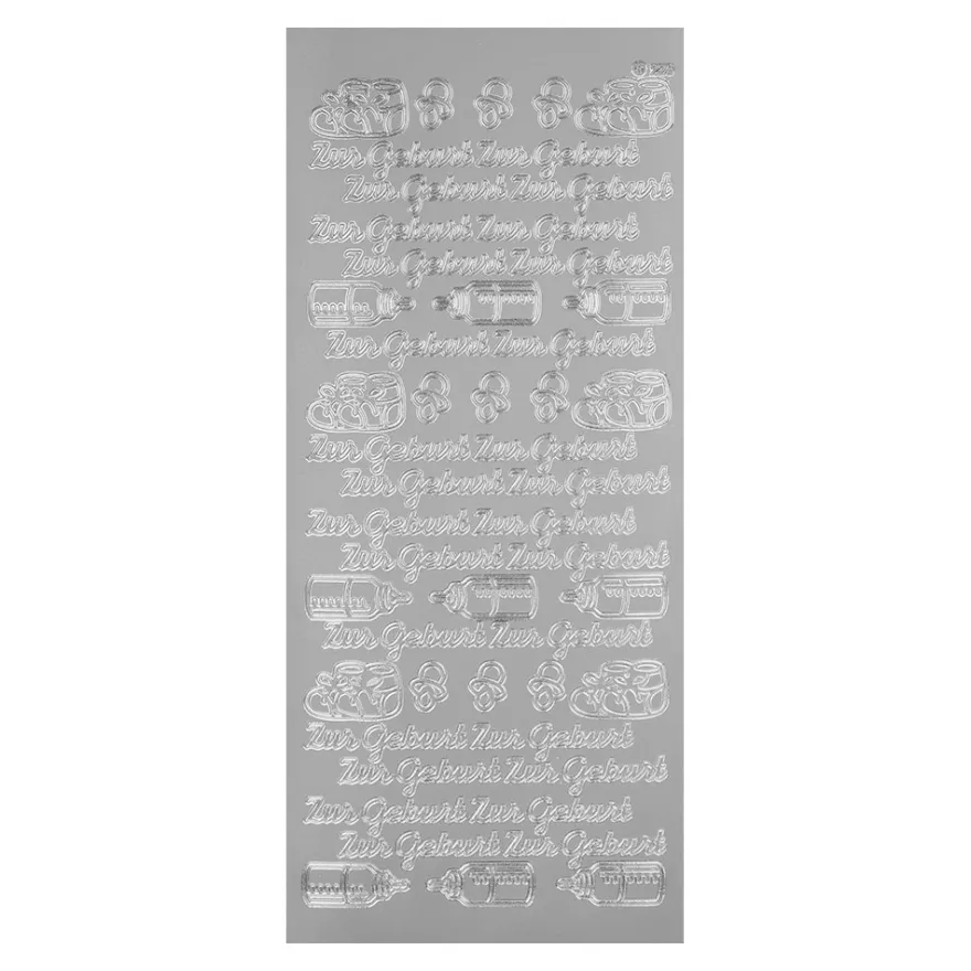 Sticker zur Geburt mit Schnuller, Fläschchen und Babyschuhe mit Schleifen, silber.