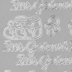 Sticker zur Geburt mit Schnuller, Fläschchen und Babyschuhe mit Schleifen, silber.