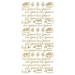 Sticker zur Geburt mit Schnuller, Fläschchen und Babyschuhe mit Schleifen, gold.