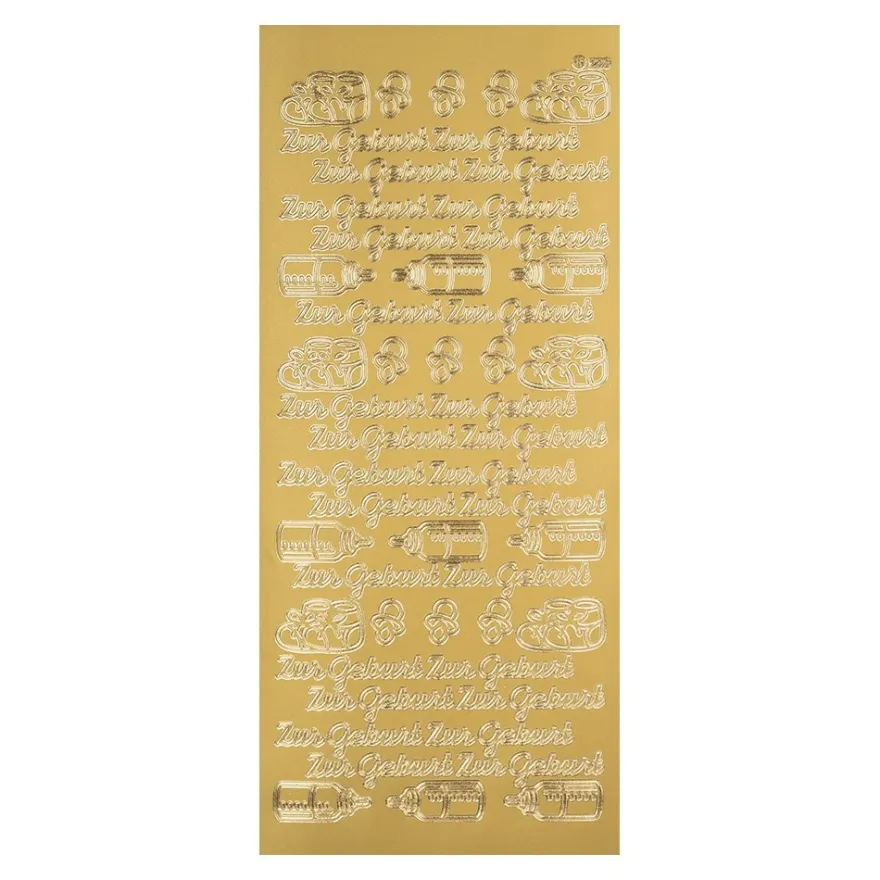 Sticker zur Geburt mit Schnuller, Fläschchen und Babyschuhe mit Schleifen, gold.