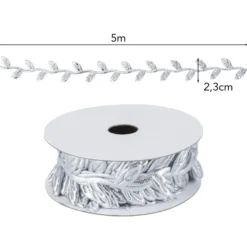 Stoffband Blätter, metallic, 2,3cm beit, 5m lang, silber