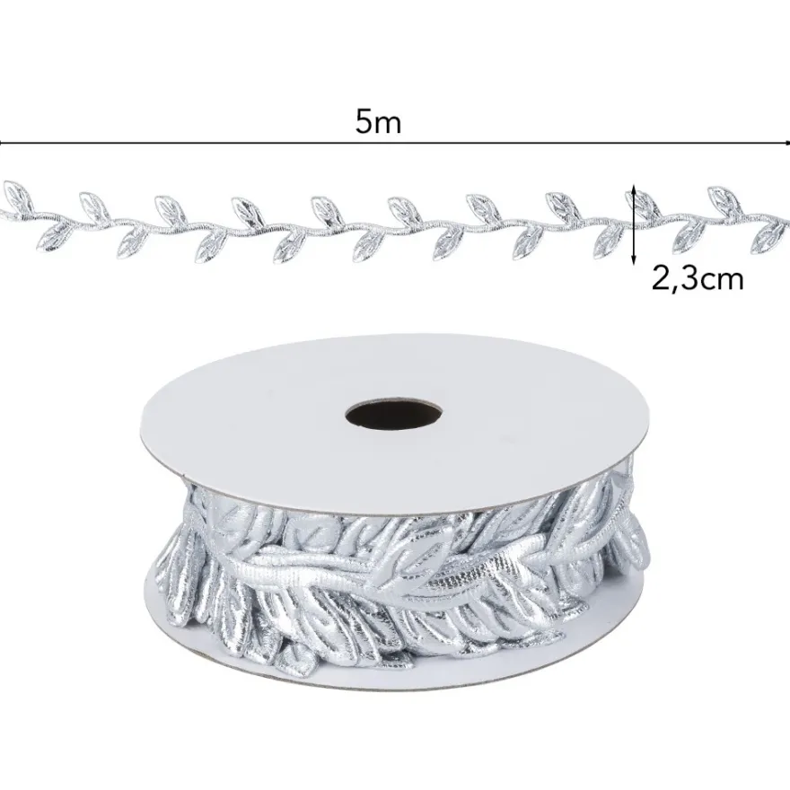 Stoffband Blätter, metallic, 2,3cm beit, 5m lang, silber