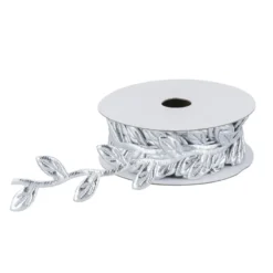 Stoffband Blätter, metallic, 2,3cm beit, 5m lang, silber